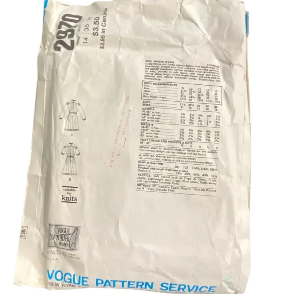 Vtg Vogue Couturier Design 2970 Jean Muir Dress Pattern Miss 14 Long Tie
